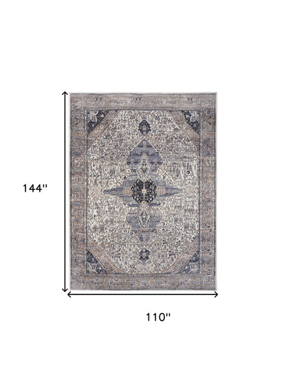 9' X 12' Ivory and Blue Oriental Power Loom Distressed Washable Non Skid Area Rug