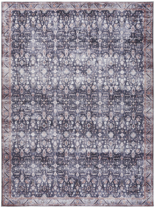 9' X 12' Blue and Ivory Oriental Power Loom Distressed Washable Non Skid Area Rug