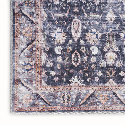 9' X 12' Blue and Ivory Oriental Power Loom Distressed Washable Non Skid Area Rug
