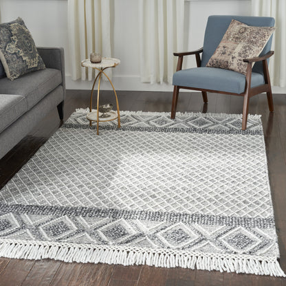 4' X 6' Gray and Ivory Geometric Hand Woven Area Rug With Fringe