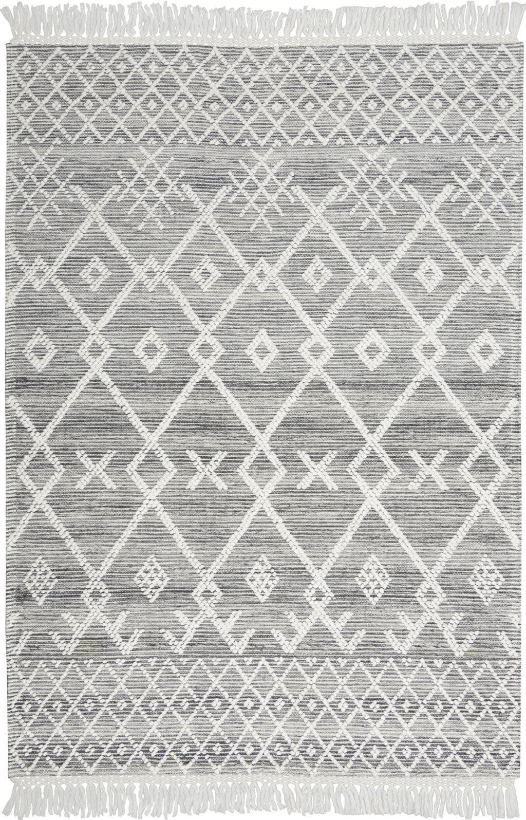 4' X 6' Gray and Ivory Geometric Hand Woven Area Rug With Fringe