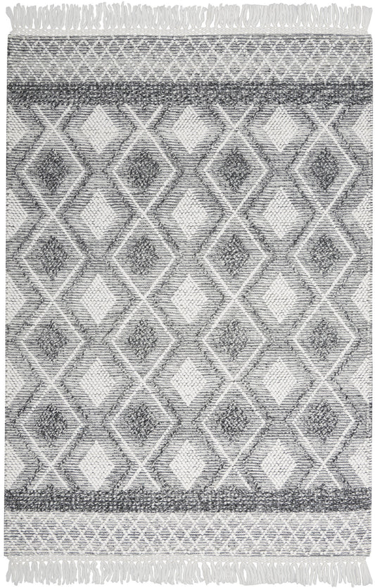 4' X 6' Gray and Ivory Geometric Hand Woven Area Rug With Fringe