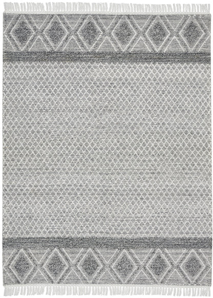 8' X 11' Gray and Ivory Geometric Hand Woven Area Rug With Fringe