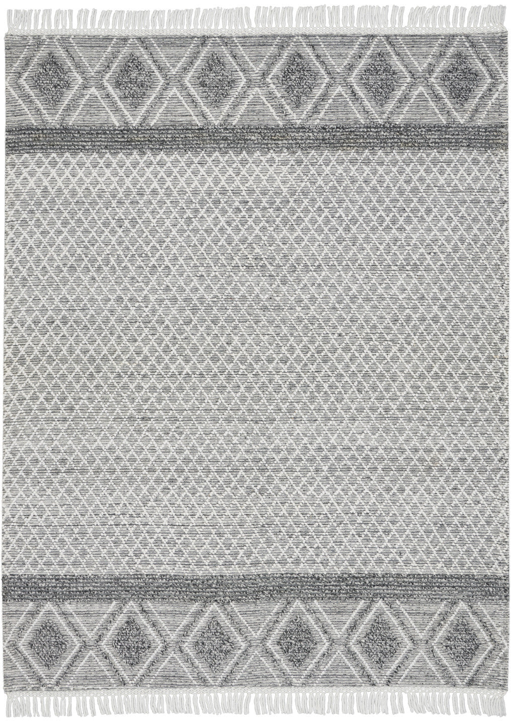 8' X 11' Gray and Ivory Geometric Hand Woven Area Rug With Fringe