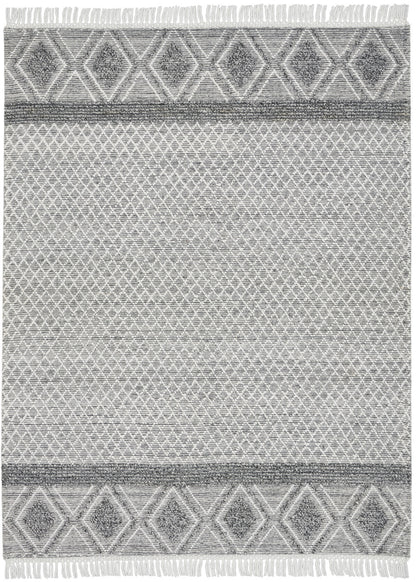 8' X 11' Gray and Ivory Geometric Hand Woven Area Rug With Fringe