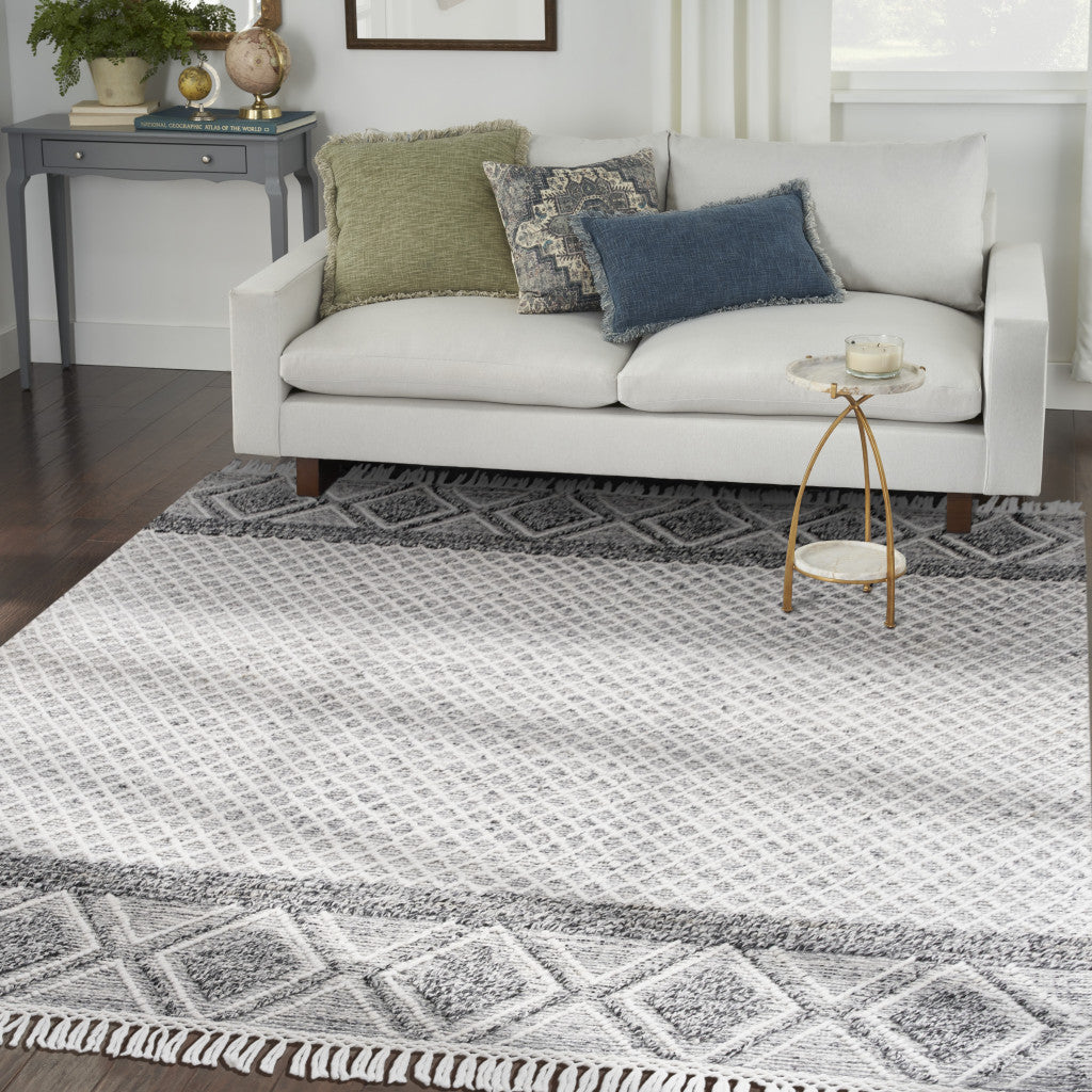 8' X 11' Gray and Ivory Geometric Hand Woven Area Rug With Fringe