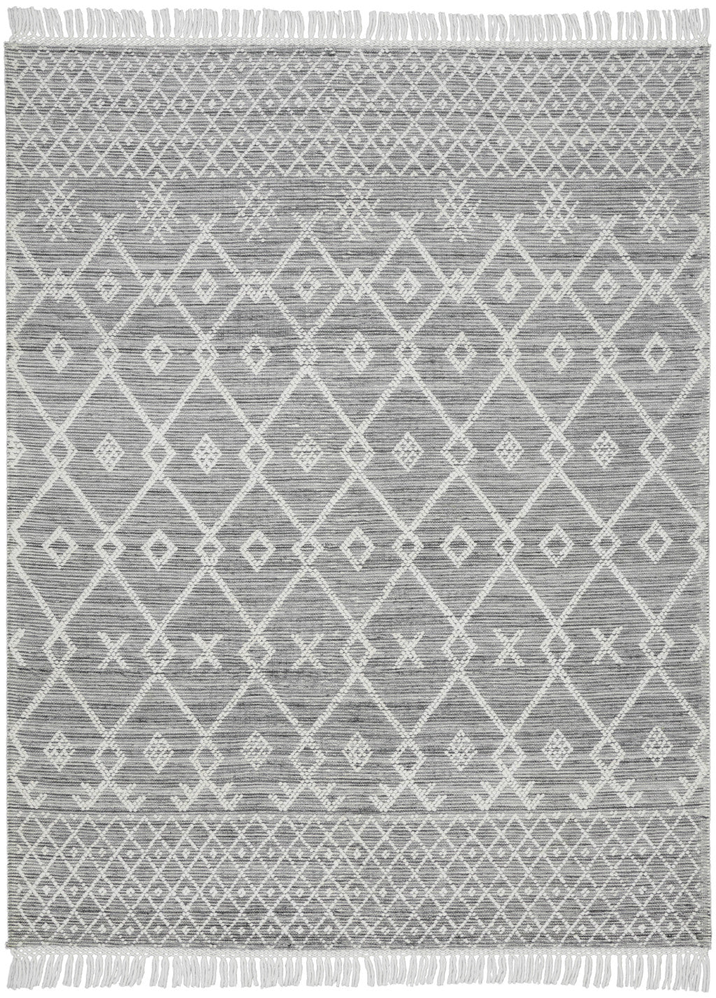 8' X 11' Gray and Ivory Geometric Hand Woven Area Rug With Fringe