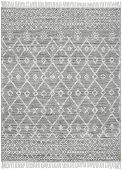 8' X 11' Gray and Ivory Geometric Hand Woven Area Rug With Fringe