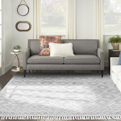 8' X 11' Gray and Ivory Geometric Hand Woven Area Rug With Fringe