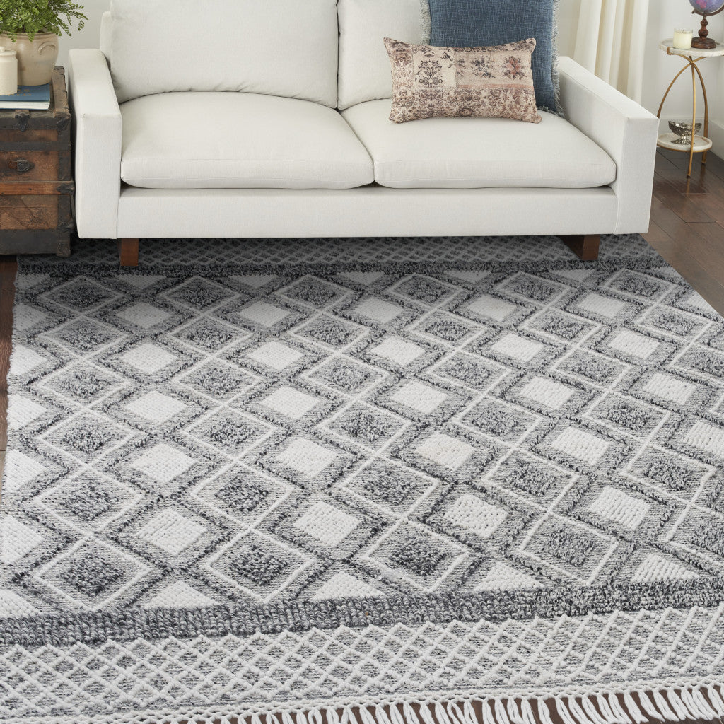 8' X 11' Gray and Ivory Geometric Hand Woven Area Rug With Fringe