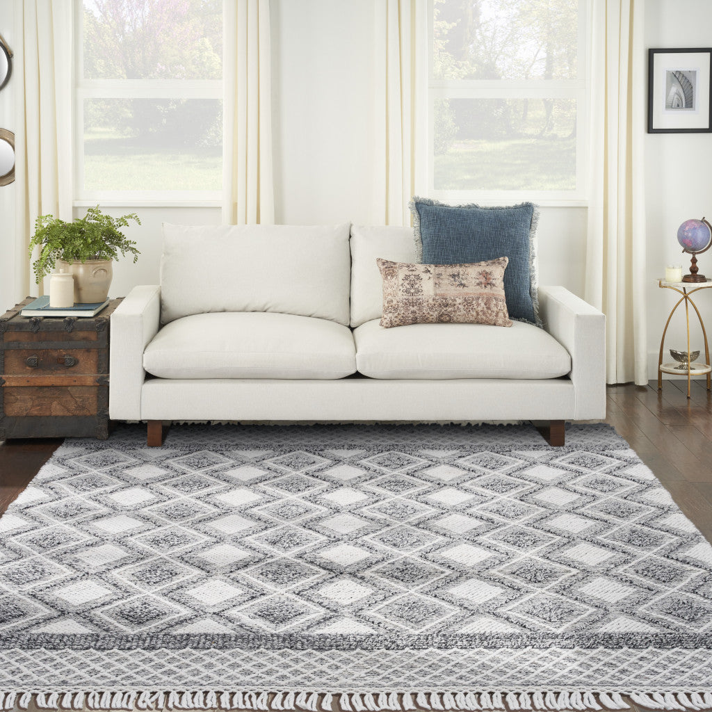 8' X 11' Gray and Ivory Geometric Hand Woven Area Rug With Fringe