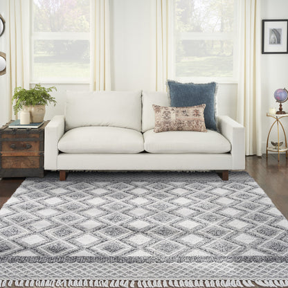 8' X 11' Gray and Ivory Geometric Hand Woven Area Rug With Fringe