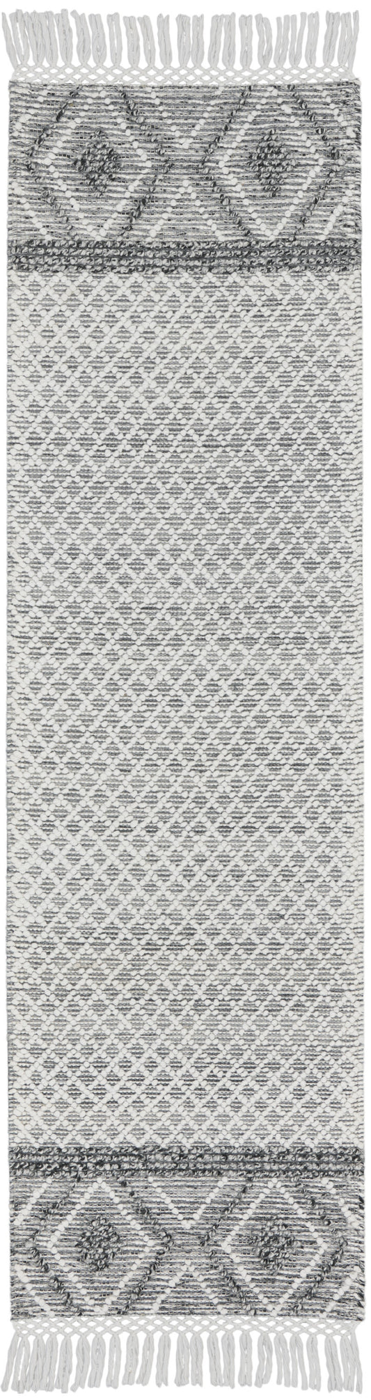 8' Gray and Ivory Geometric Hand Woven Runner Rug With Fringe