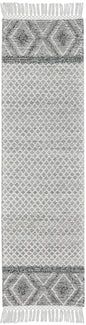 8' Gray and Ivory Geometric Hand Woven Runner Rug With Fringe