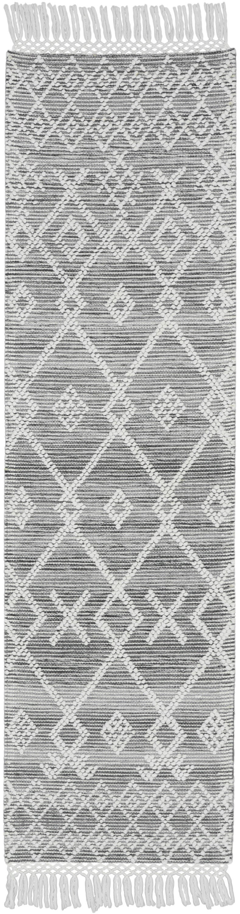 8' Gray and Ivory Geometric Hand Woven Runner Rug With Fringe