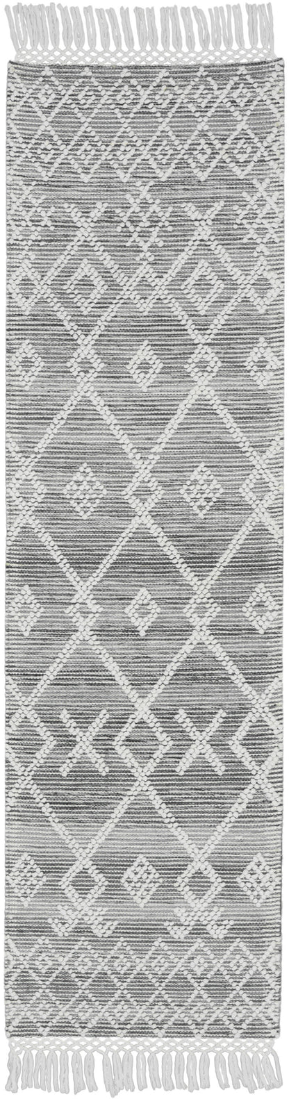 8' Gray and Ivory Geometric Hand Woven Runner Rug With Fringe