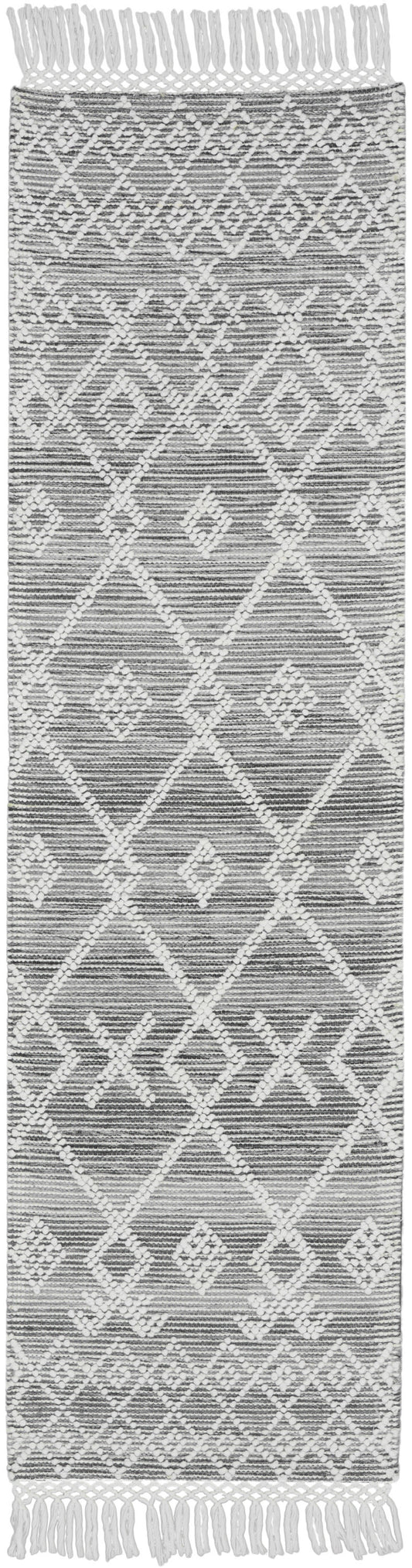 8' Gray and Ivory Geometric Hand Woven Runner Rug With Fringe