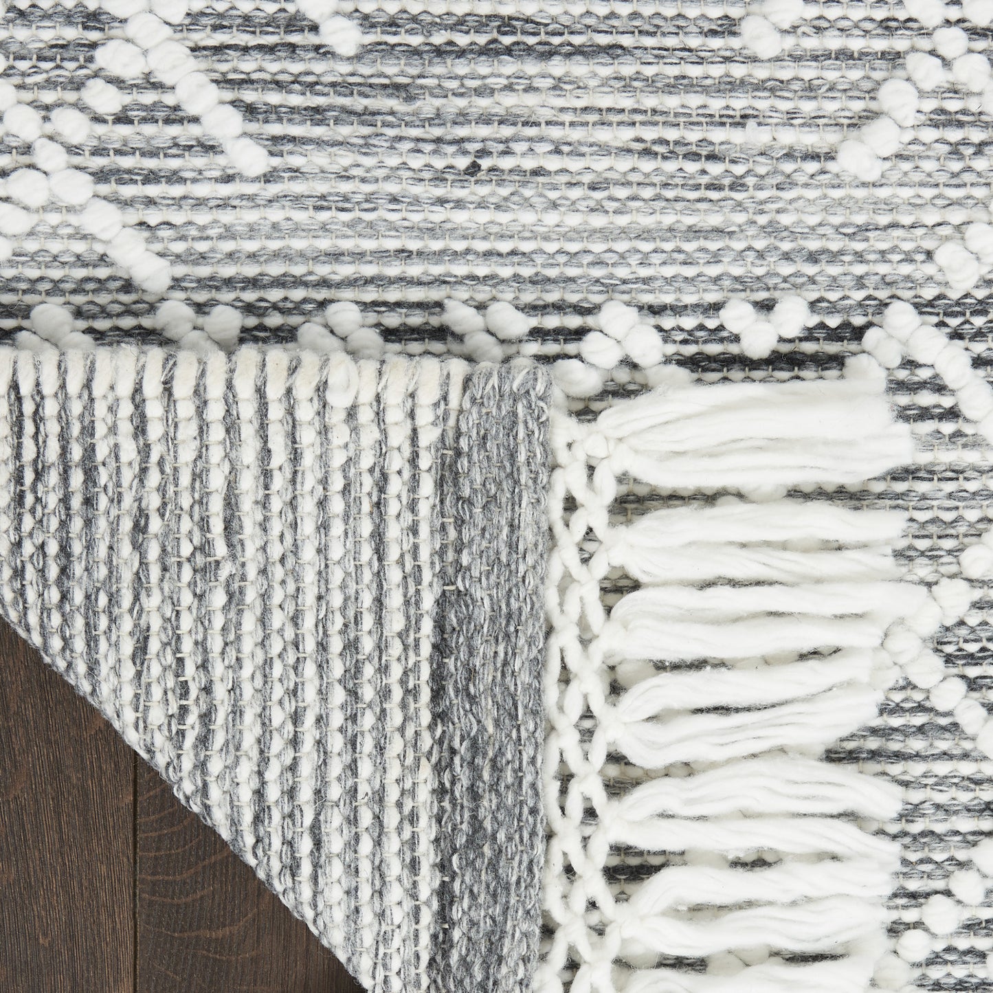 8' Gray and Ivory Geometric Hand Woven Runner Rug With Fringe