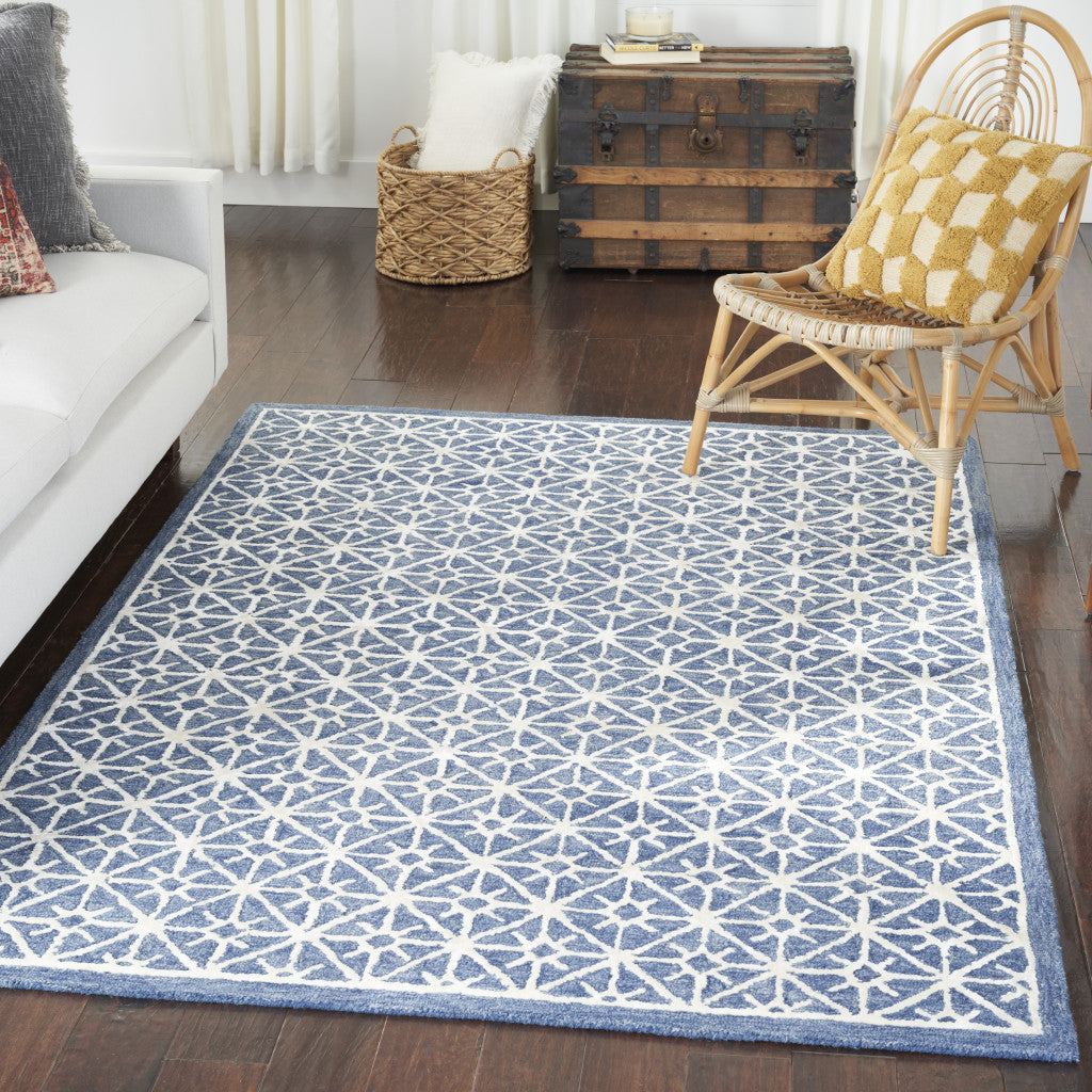 4' X 6' Blue and Off White Geometric Hand Tufted Area Rug