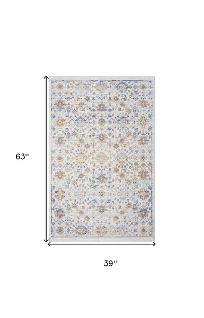 3' X 5' Ivory and Gray Oriental Power Loom Distressed Area Rug With Fringe