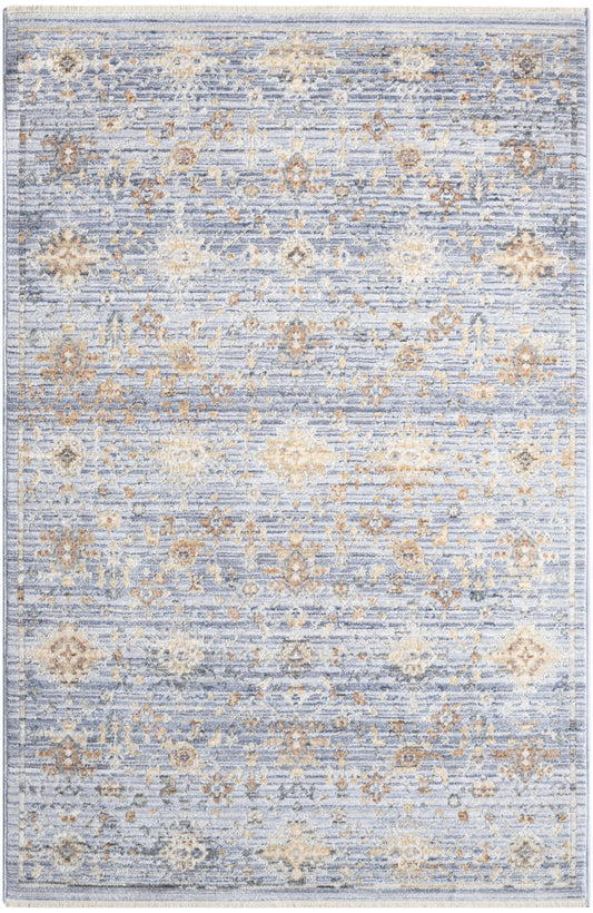 3' X 5' Blue and Ivory Oriental Power Loom Distressed Area Rug With Fringe