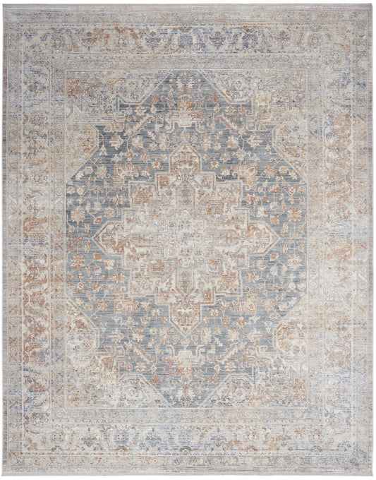 8' X 10' Ivory and Blue Oriental Power Loom Distressed Area Rug With Fringe