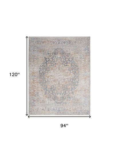 8' X 10' Ivory and Blue Oriental Power Loom Distressed Area Rug With Fringe