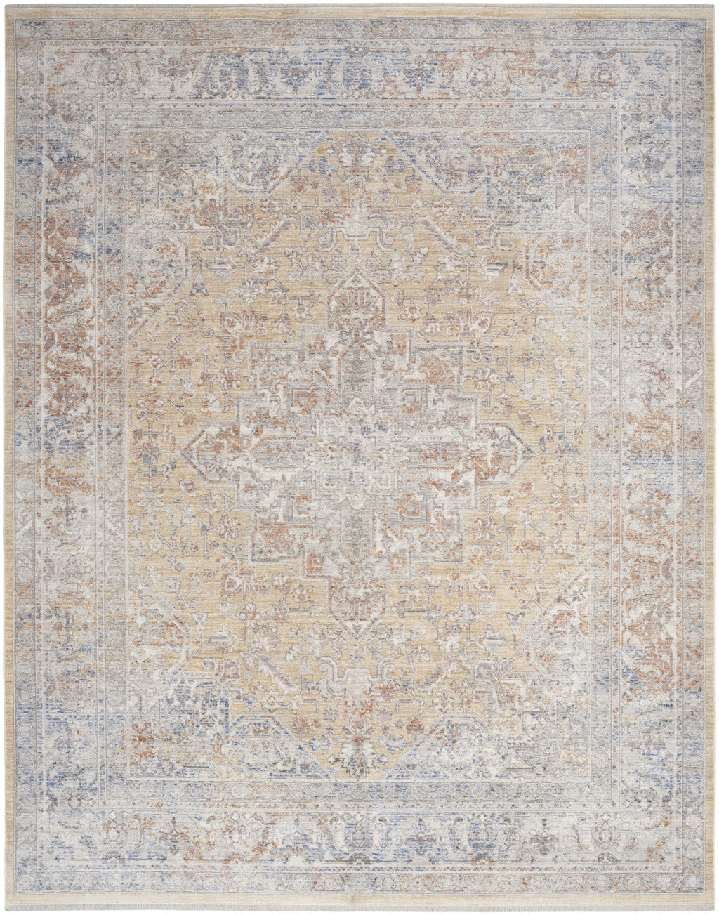 8' X 10' Gray and Gold Oriental Power Loom Distressed Area Rug With Fringe