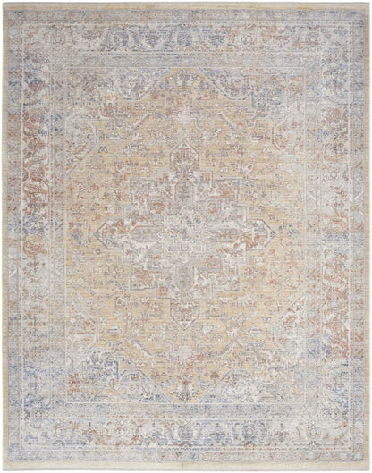 8' X 10' Gray and Gold Oriental Power Loom Distressed Area Rug With Fringe