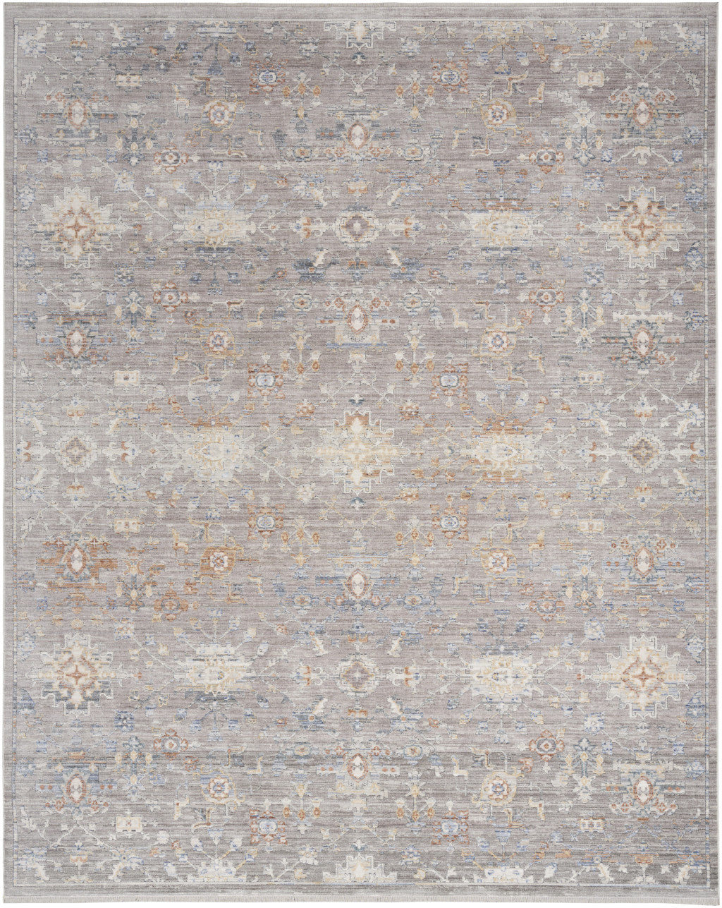 8' X 10' Ivory Blue and Gray Oriental Power Loom Distressed Area Rug With Fringe