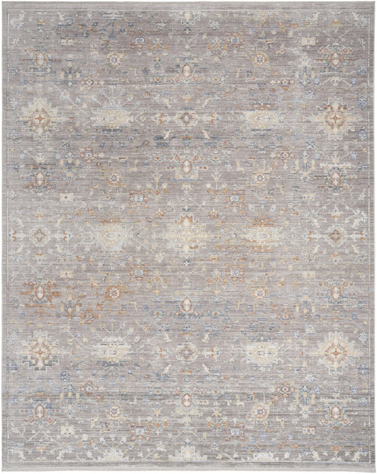 8' X 10' Ivory Blue and Gray Oriental Power Loom Distressed Area Rug With Fringe