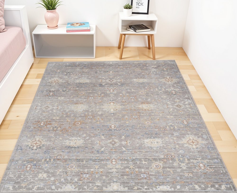 8' X 10' Ivory Blue and Gray Oriental Power Loom Distressed Area Rug With Fringe