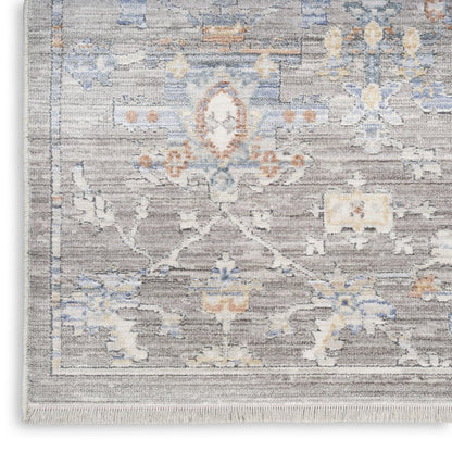 8' X 10' Ivory Blue and Gray Oriental Power Loom Distressed Area Rug With Fringe
