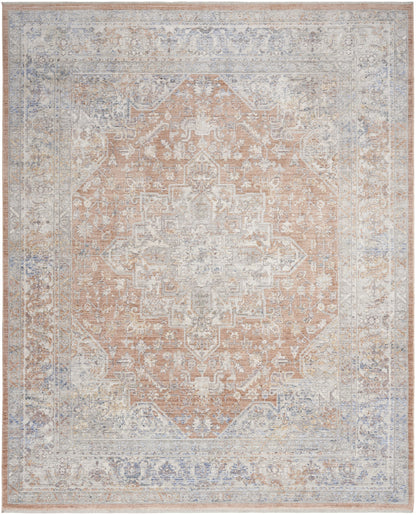 8' X 10' Brown and Blue Oriental Power Loom Distressed Area Rug With Fringe