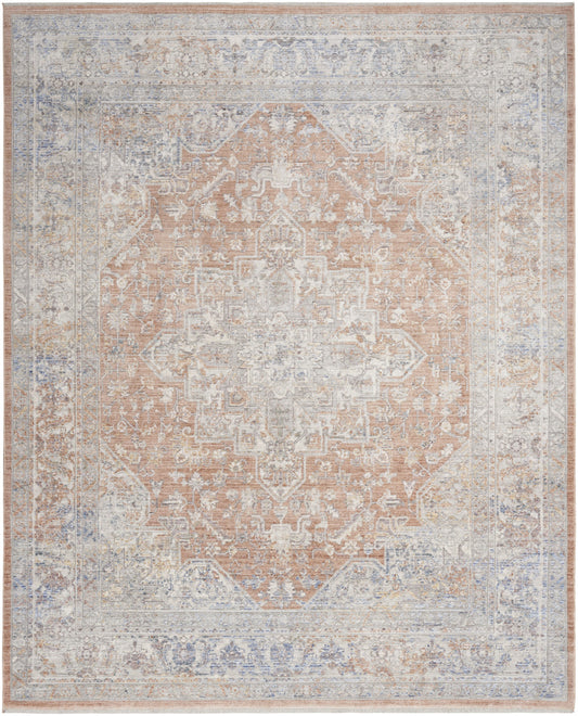 8' X 10' Brown and Blue Oriental Power Loom Distressed Area Rug With Fringe