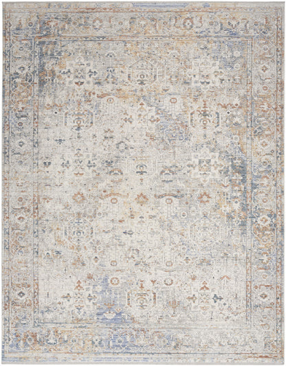 8' X 10' Ivory Blue and Orange Oriental Power Loom Distressed Area Rug With Fringe