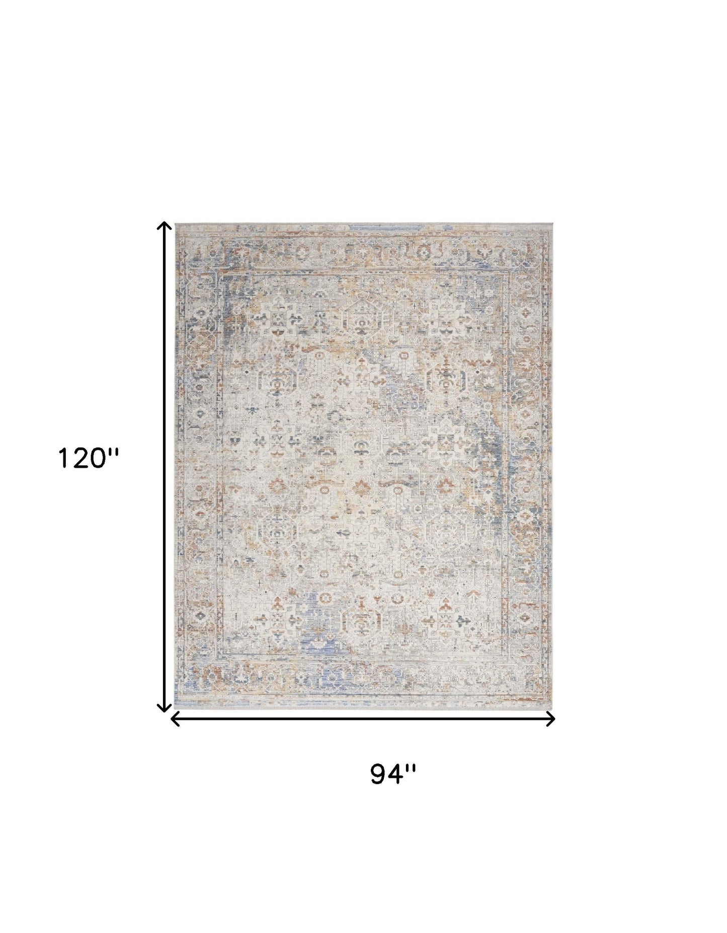 8' X 10' Ivory Blue and Orange Oriental Power Loom Distressed Area Rug With Fringe