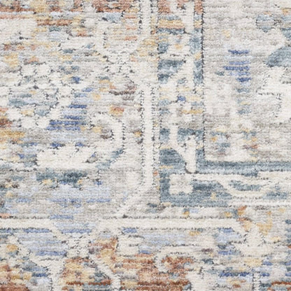 8' X 10' Ivory Blue and Orange Oriental Power Loom Distressed Area Rug With Fringe