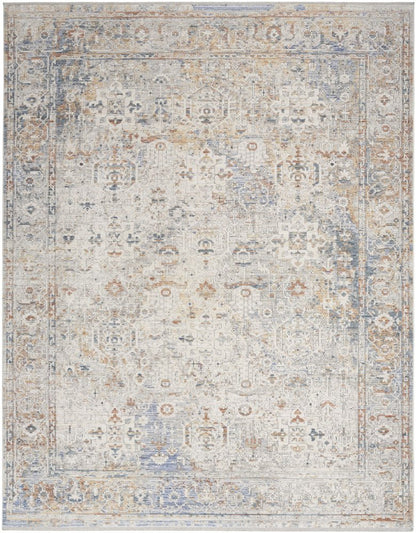 8' X 10' Ivory Blue and Orange Oriental Power Loom Distressed Area Rug With Fringe