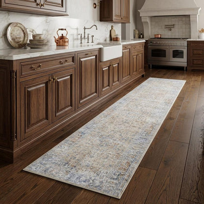8' Gray and Gold Oriental Power Loom Distressed Runner Rug With Fringe