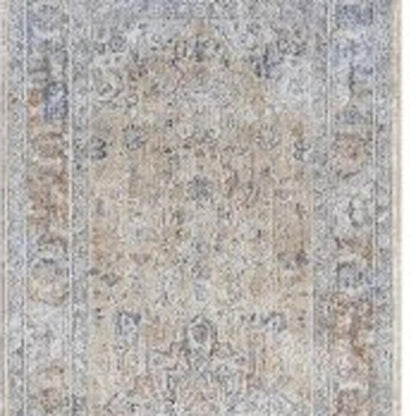 8' Gray and Gold Oriental Power Loom Distressed Runner Rug With Fringe