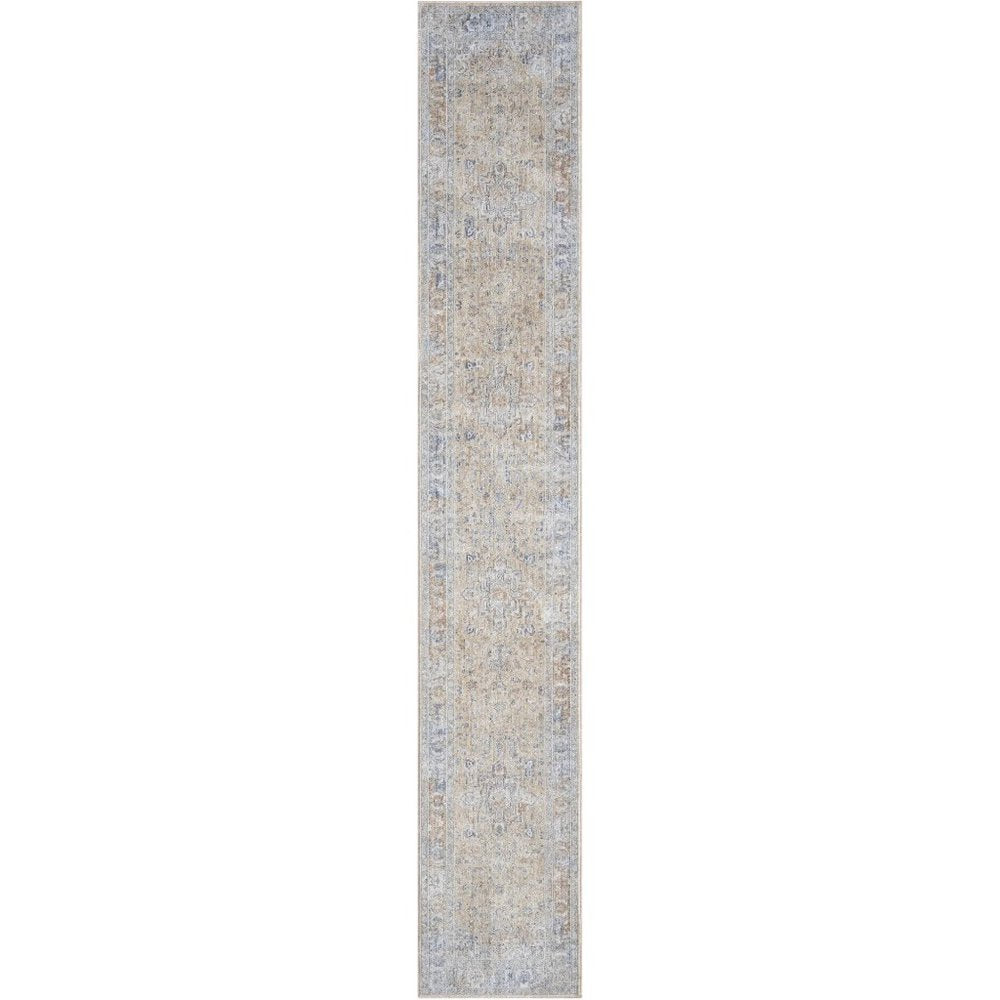 8' Gray and Gold Oriental Power Loom Distressed Runner Rug With Fringe
