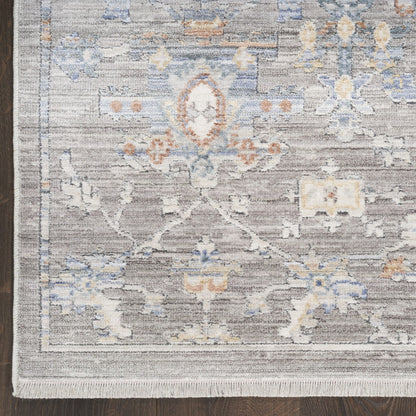 8' Ivory Blue and Gray Oriental Power Loom Distressed Runner Rug With Fringe