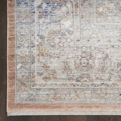8' Brown and Blue Oriental Power Loom Distressed Runner Rug With Fringe