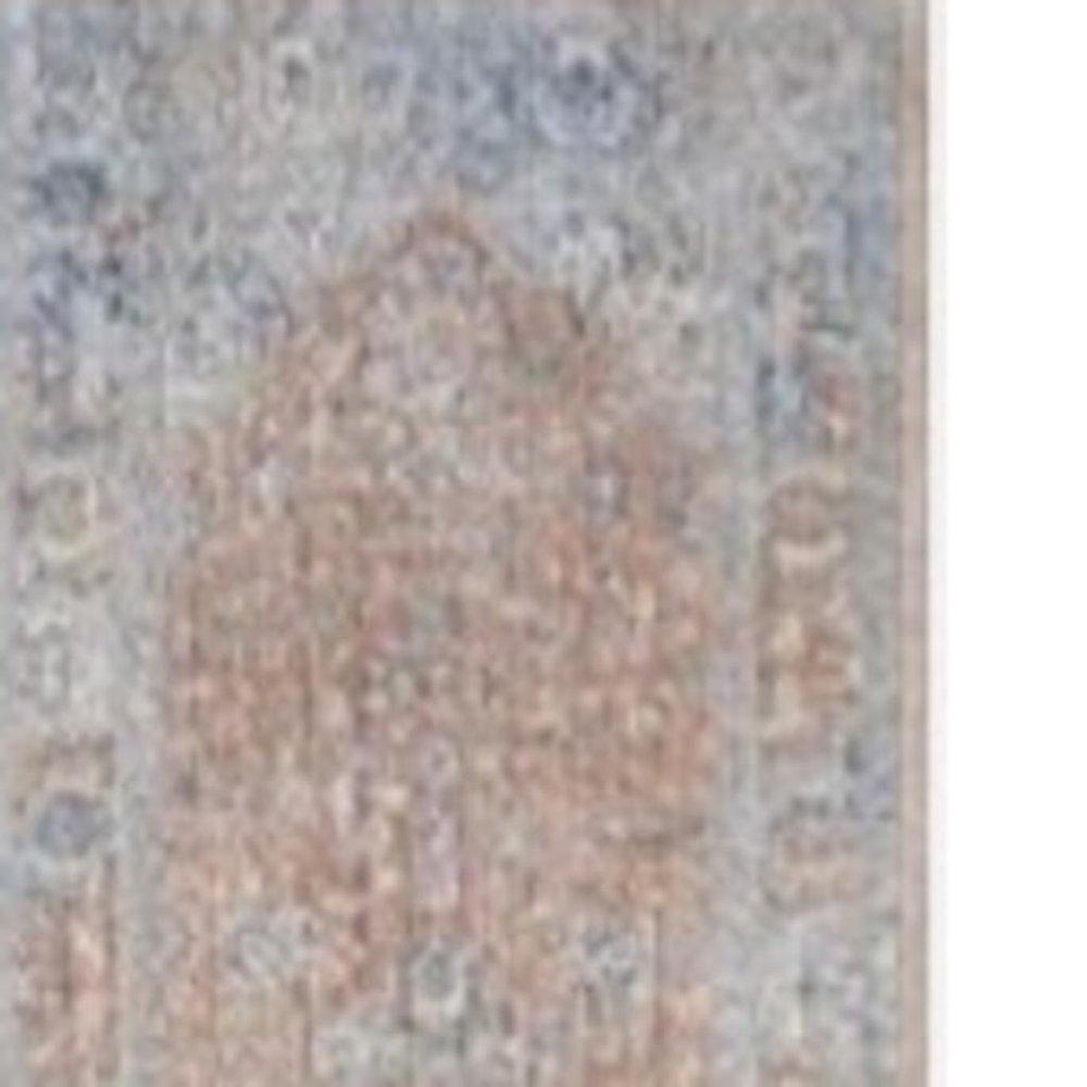 8' Brown and Blue Oriental Power Loom Distressed Runner Rug With Fringe