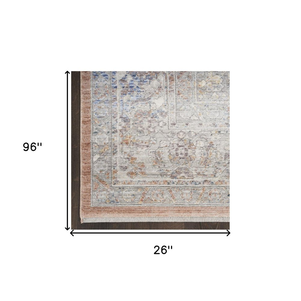 8' Brown and Blue Oriental Power Loom Distressed Runner Rug With Fringe