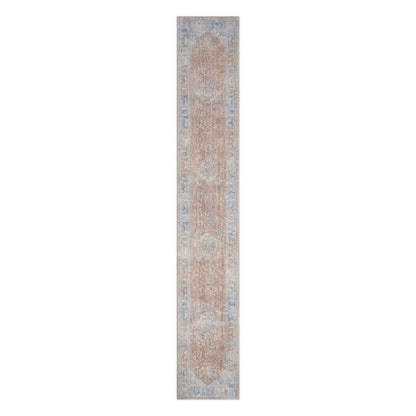 8' Brown and Blue Oriental Power Loom Distressed Runner Rug With Fringe