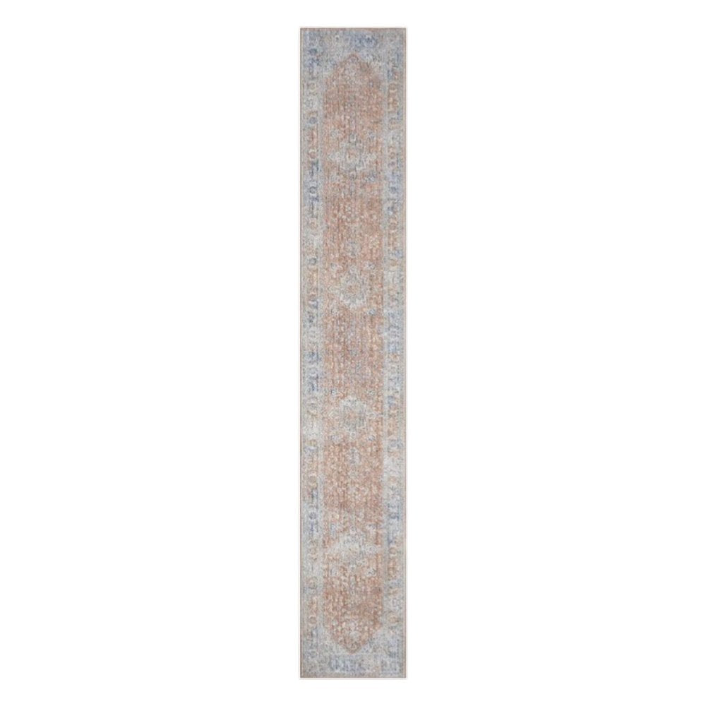 8' Brown and Blue Oriental Power Loom Distressed Runner Rug With Fringe