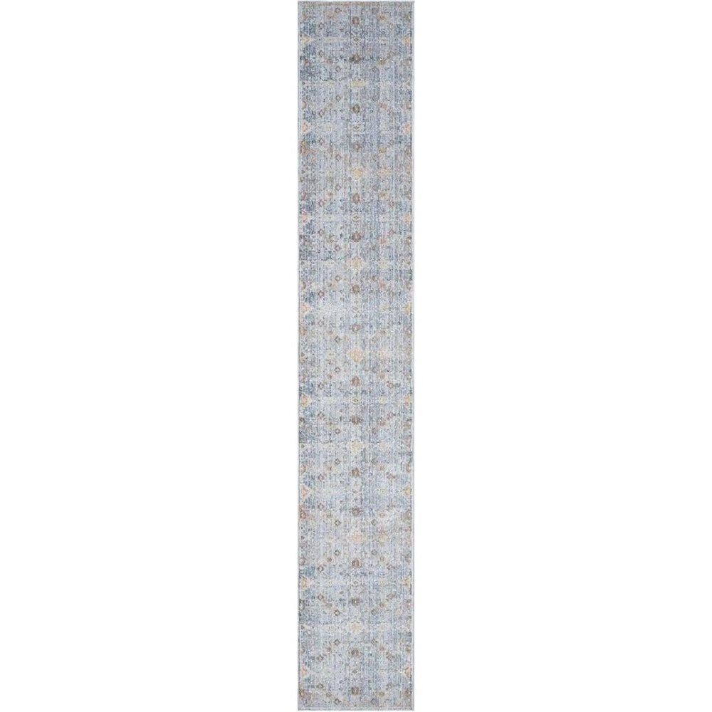 8' Blue and Ivory Oriental Power Loom Distressed Runner Rug With Fringe