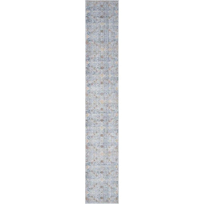 8' Blue and Ivory Oriental Power Loom Distressed Runner Rug With Fringe